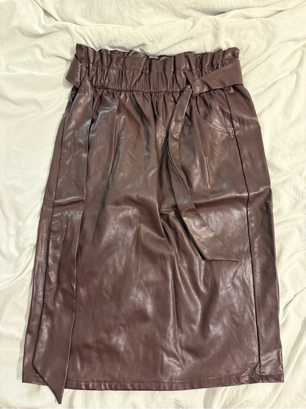 Time and Tru Chocolate Faux Leather Paperbag Midi Skirt